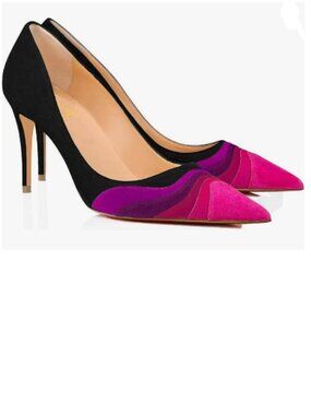 FOWT Black Purple High Heel Pointed Toe Pump Slip-on Rainbow Shoes for Ladies
